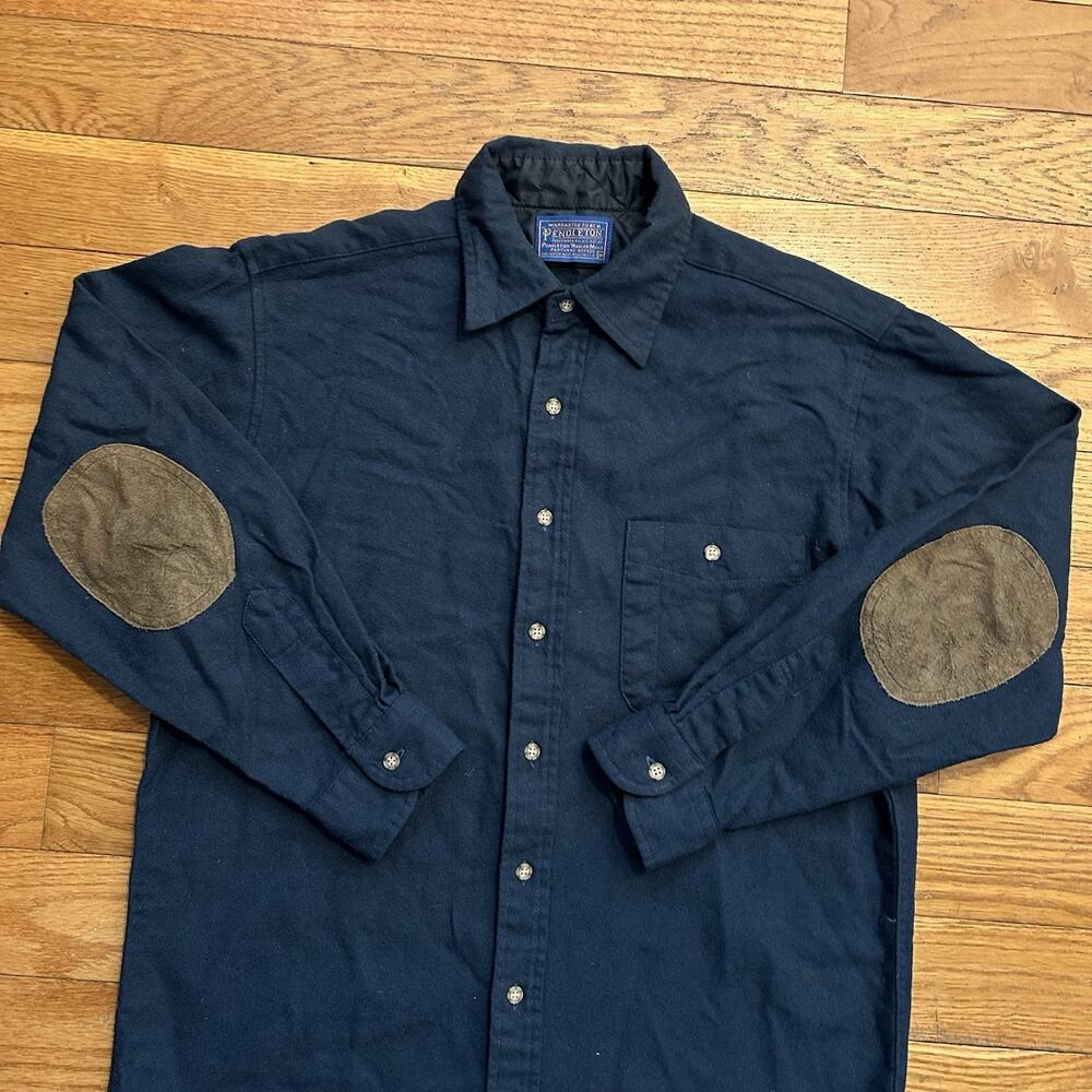 Vintage Pendleton Trail Elbow Patch Wool Navy Blue Button Up Shirt Medium